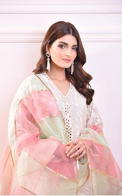 Pakistani Ivory Sheesha Work Cotton Net Salwar Kameez (3-Piece) - Image 3