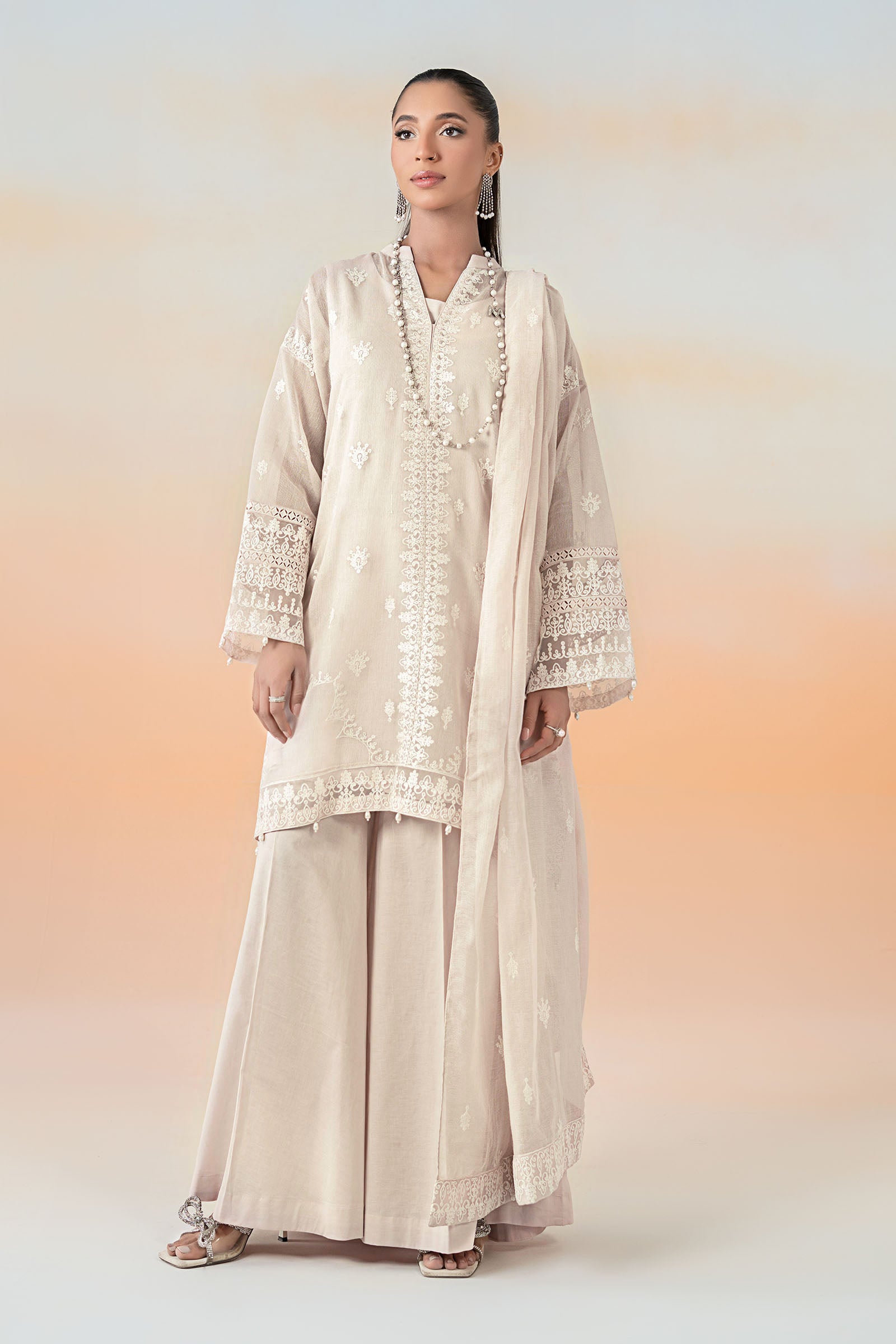 Off-White Embroidered Cotton Net 3-Piece Suit - Image 1