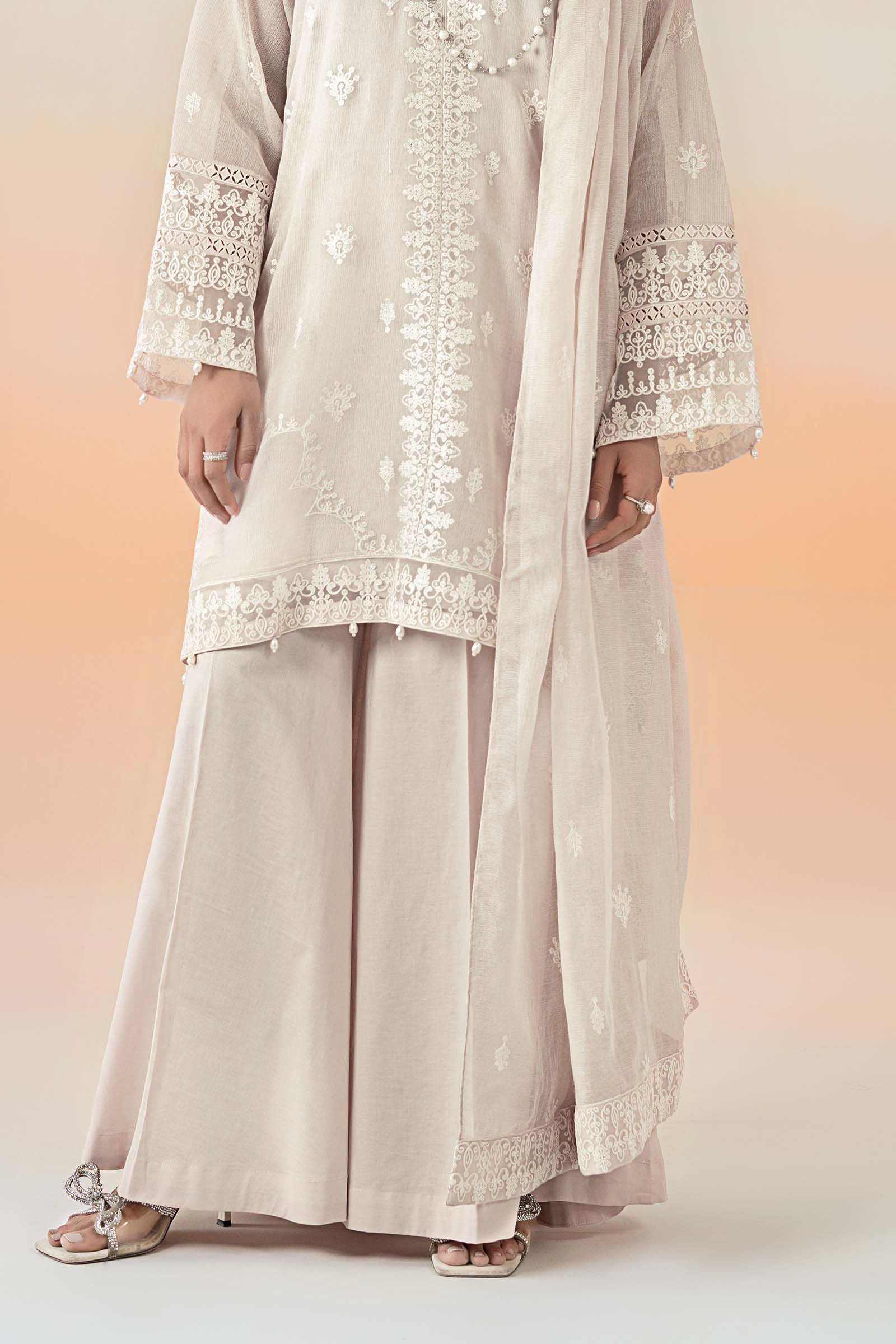 Off-White Embroidered Cotton Net 3-Piece Suit - Image 3