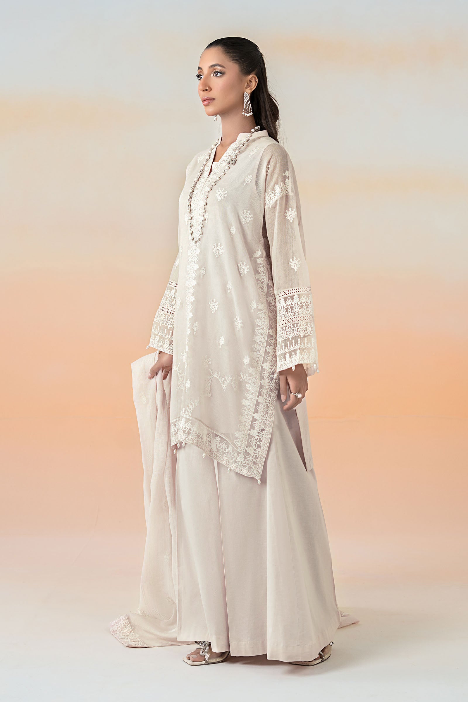 Off-White Embroidered Cotton Net 3-Piece Suit - Image 6