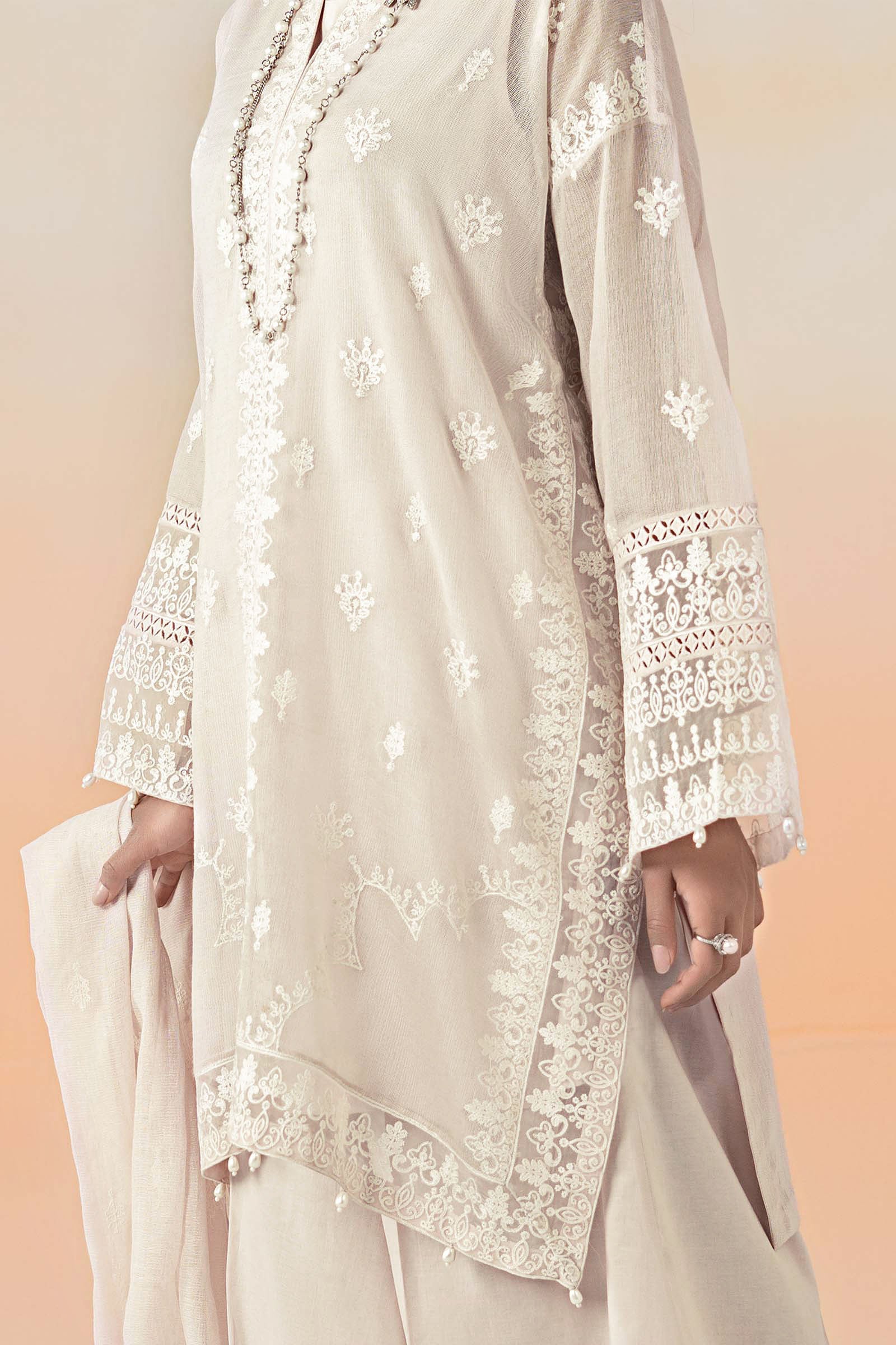 Off-White Embroidered Cotton Net 3-Piece Suit - Image 8