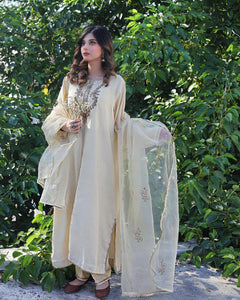Pakistani Ivory Embroidered Cotton Net Salwar Kameez (3-Piece) - Image 1