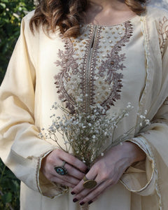 Pakistani Ivory Embroidered Cotton Net Salwar Kameez (3-Piece) - Image 2