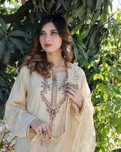 Pakistani Ivory Embroidered Cotton Net Salwar Kameez (3-Piece) - Image 3