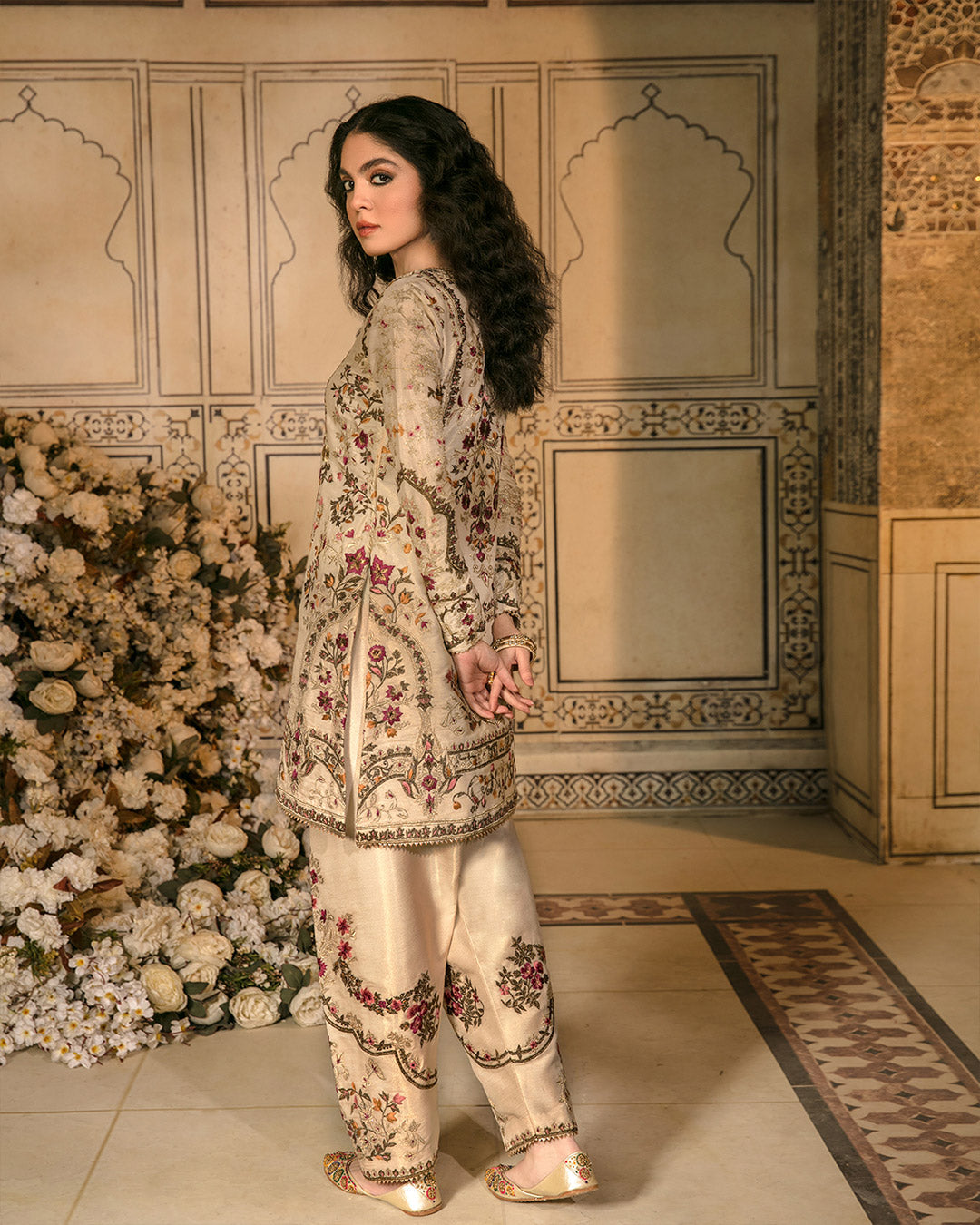 Off White Embroidered Cotton Net Salwar Kameez (3-Piece) - Image 3