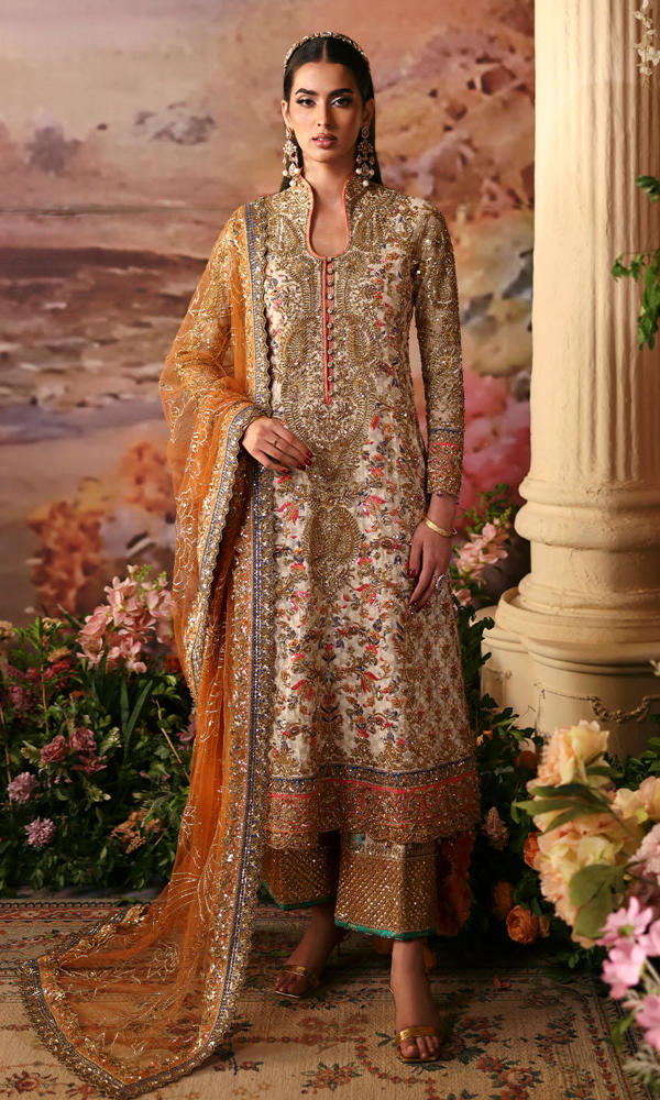 Pakistani Off-White Zardozi Cotton Net Salwar Kameez (3-Piece) - Image 2