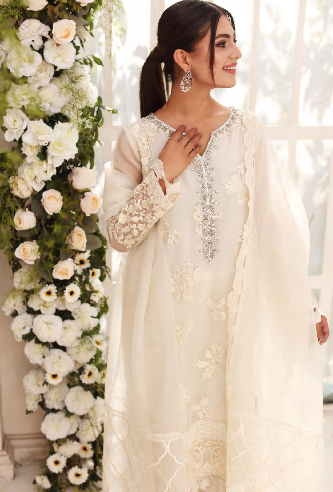 Ivory Zardozi Cotton Net Salwar Kameez (3-Piece) - Image 3