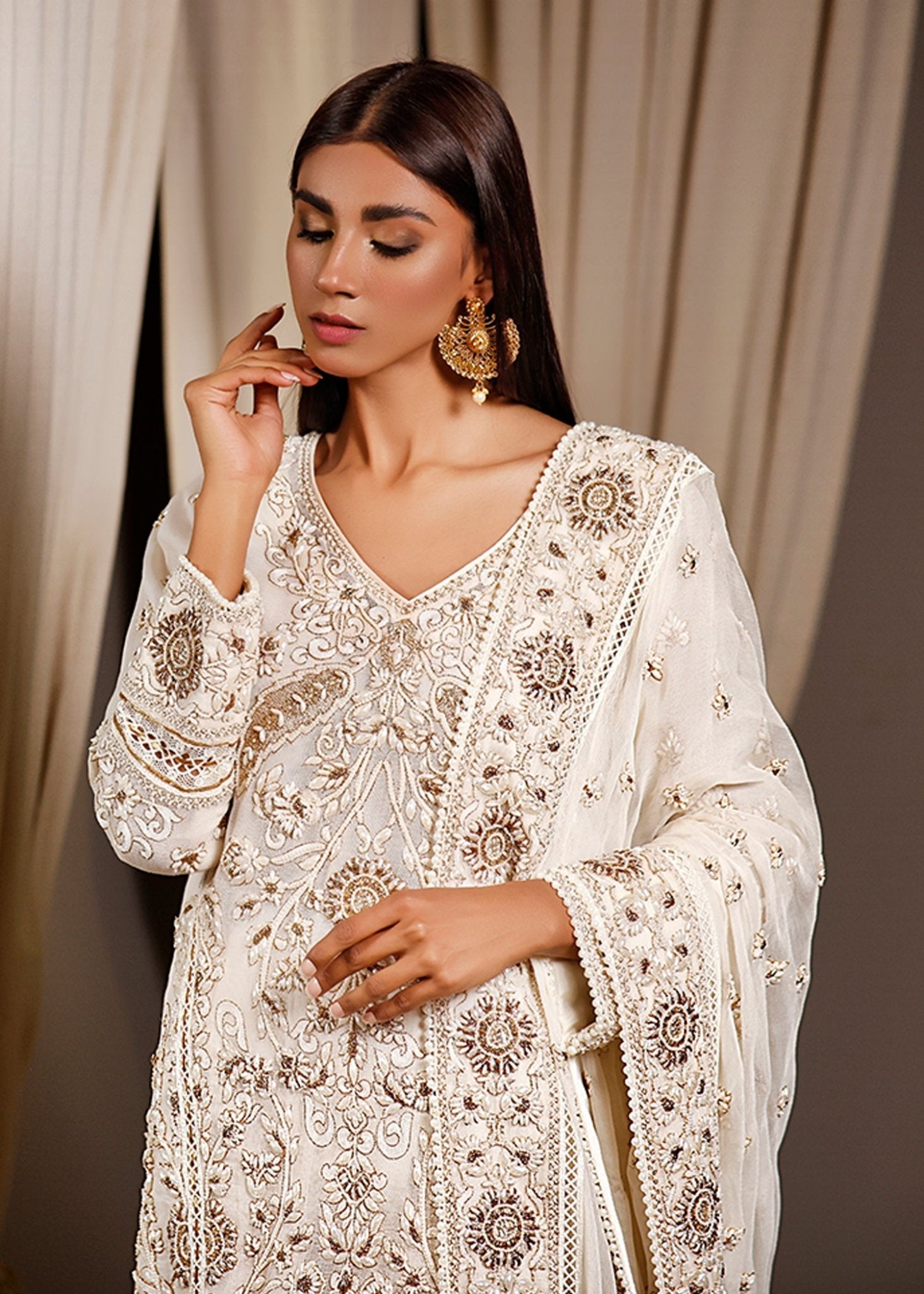 Ivory Gold Zari Pearl Cotton Net Kurta (3-Piece) - Image 2