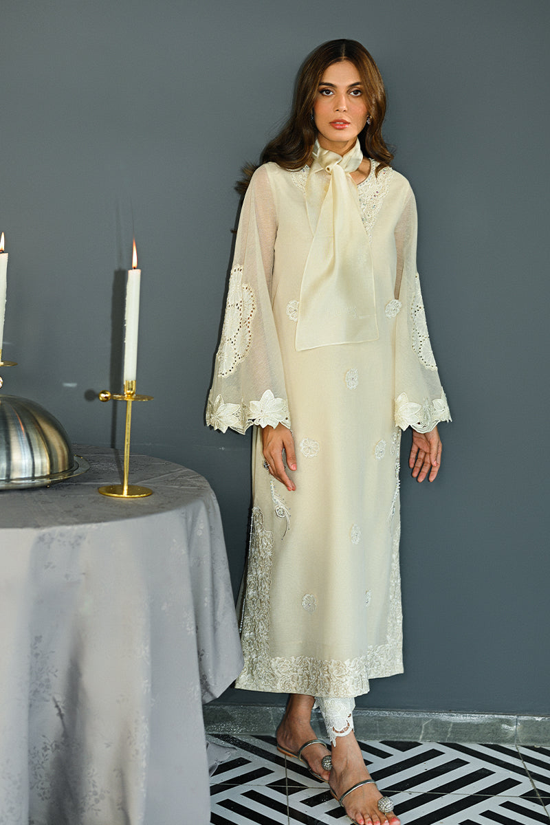 Ivory Embroidered Cotton Organza & Rawsilk Salwar Kameez (3-Piece) - Image 1