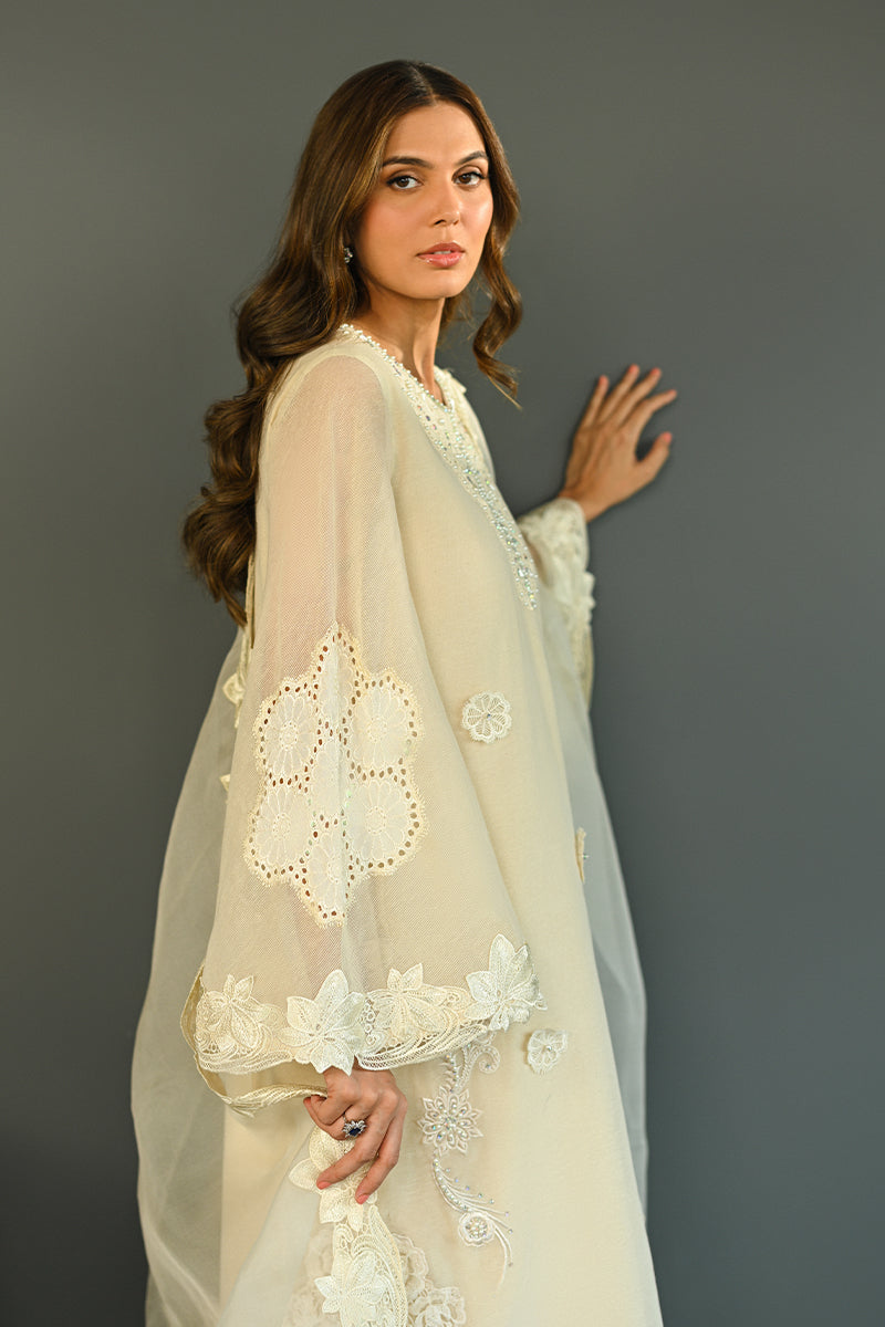 Ivory Embroidered Cotton Organza & Rawsilk Salwar Kameez (3-Piece) - Image 3