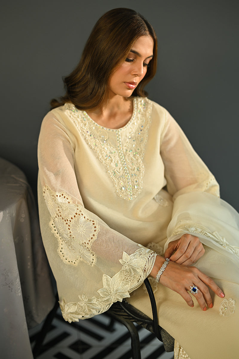 Ivory Embroidered Cotton Organza & Rawsilk Salwar Kameez (3-Piece) - Image 4