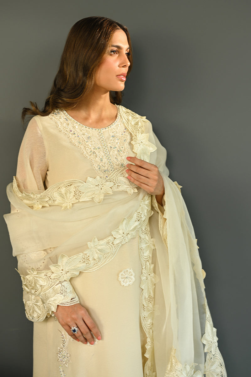 Ivory Embroidered Cotton Organza & Rawsilk Salwar Kameez (3-Piece) - Image 6