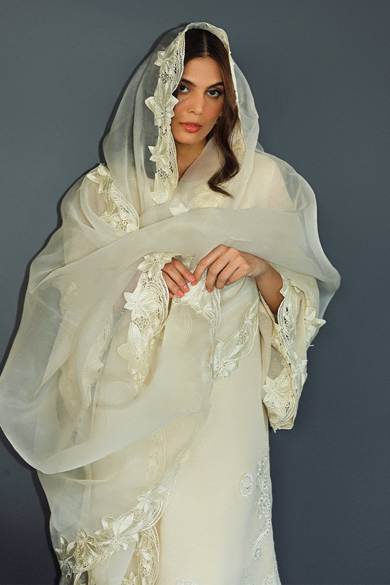 Ivory Embroidered Cotton Organza & Rawsilk Salwar Kameez (3-Piece) - Image 7