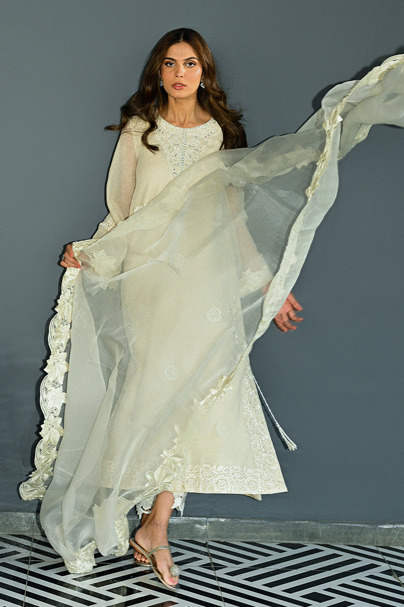 Ivory Embroidered Cotton Organza & Rawsilk Salwar Kameez (3-Piece) - Image 8