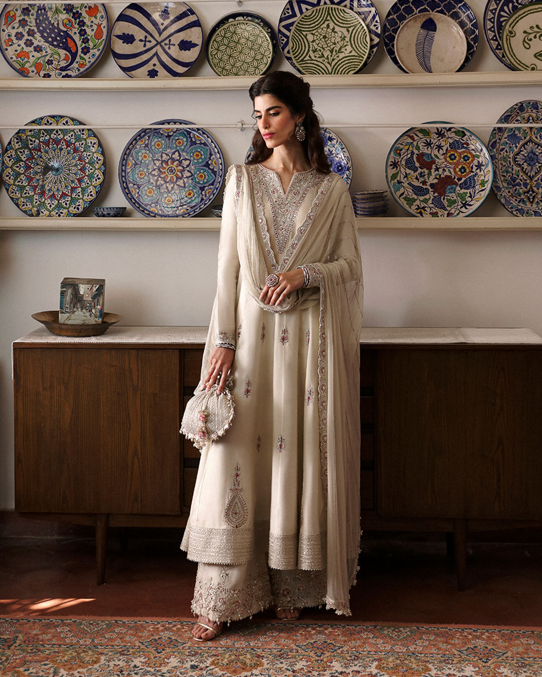 Pakistani Ivory Embroidered Cotton Silk Salwar Kameez (3-Piece) - Image 1
