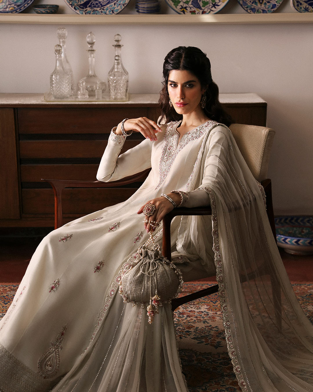 Pakistani Ivory Embroidered Cotton Silk Salwar Kameez (3-Piece) - Image 2