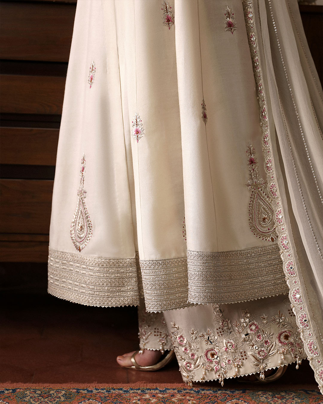 Pakistani Ivory Embroidered Cotton Silk Salwar Kameez (3-Piece) - Image 4