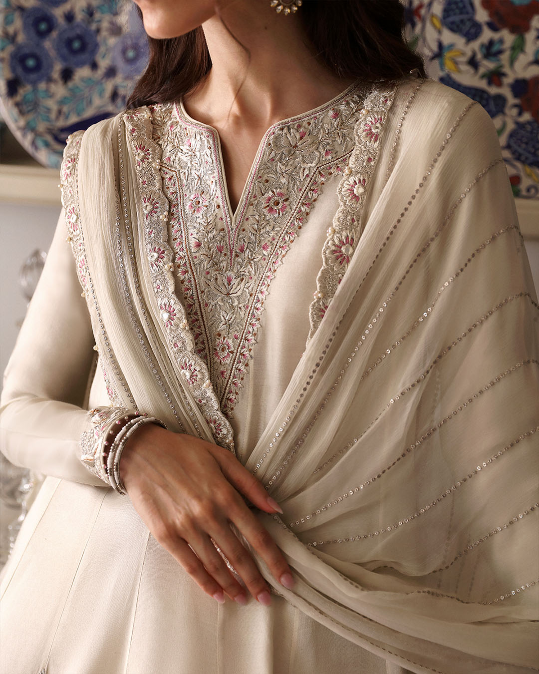Pakistani Ivory Embroidered Cotton Silk Salwar Kameez (3-Piece) - Image 5