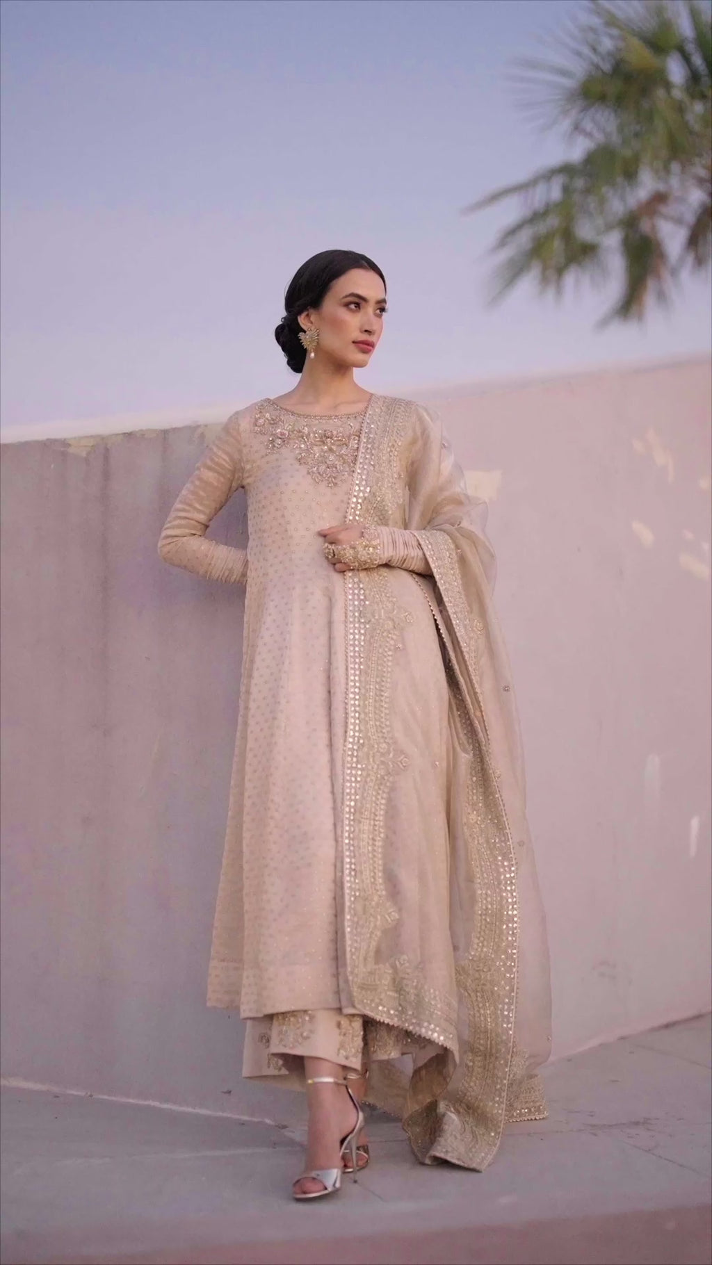 Pakistani Ivory Gold Kundan Zari Cotton Silk Salwar Kameez (3-Piece) - Image 6