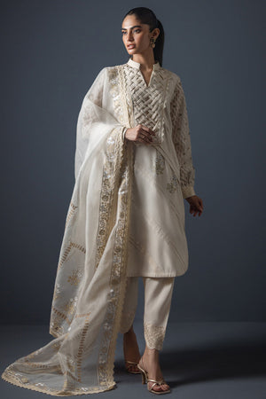 Pakistani Ivory Embroidered Cotton Silk Salwar Kameez (3-Piece) - Image 1