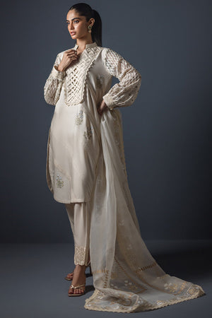 Pakistani Ivory Embroidered Cotton Silk Salwar Kameez (3-Piece) - Image 2
