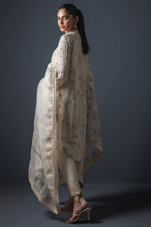 Pakistani Ivory Embroidered Cotton Silk Salwar Kameez (3-Piece) - Image 3