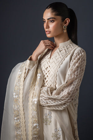 Pakistani Ivory Embroidered Cotton Silk Salwar Kameez (3-Piece) - Image 4