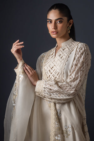 Pakistani Ivory Embroidered Cotton Silk Salwar Kameez (3-Piece) - Image 5