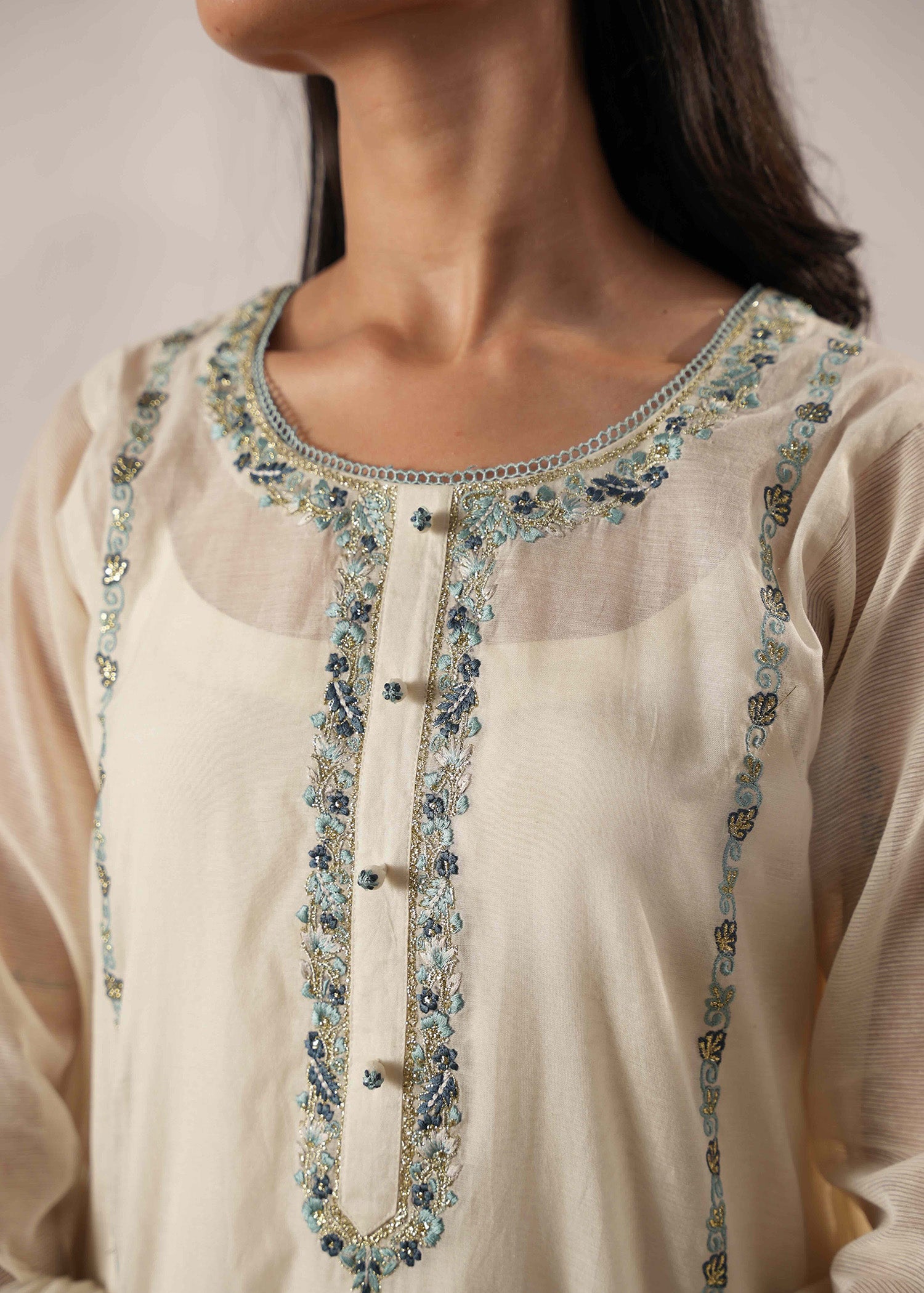 Ivory Gota & Thread Embroidered Cotton Silk Kurta Set (3-Piece) - Image 2