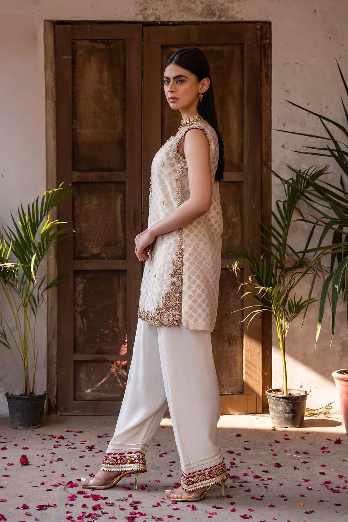 Ivory Embroidered Cotton Net & Silk Salwar Kameez (2-Piece) - Image 2