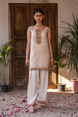 Ivory Embroidered Cotton Net & Silk Salwar Kameez (2-Piece) - Image 4