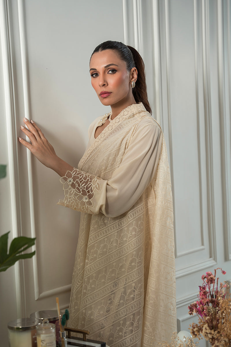 Off-White Embroidered Pure Crepe Salwar Kameez (3-Piece) - Image 10