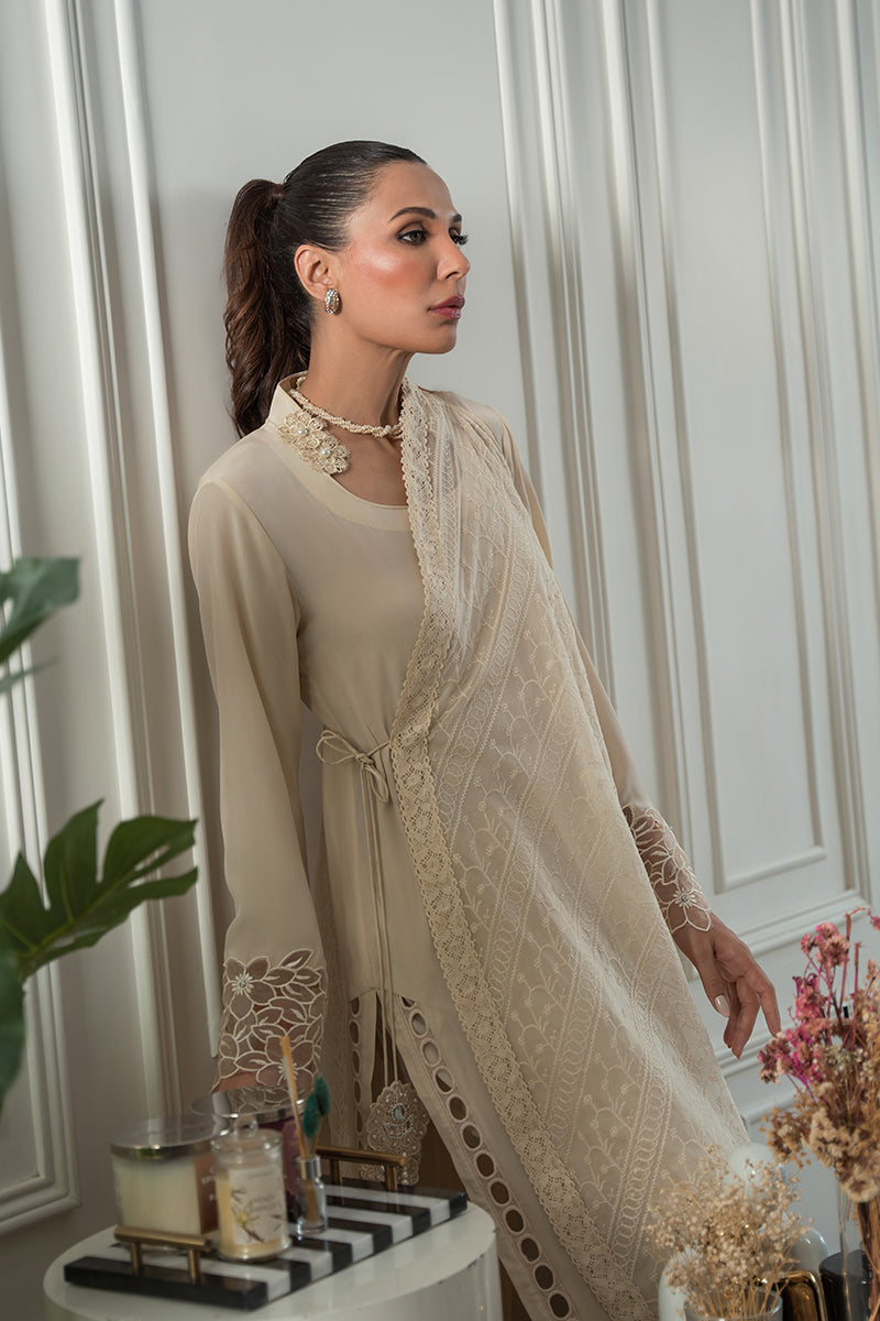 Off-White Embroidered Pure Crepe Salwar Kameez (3-Piece) - Image 8