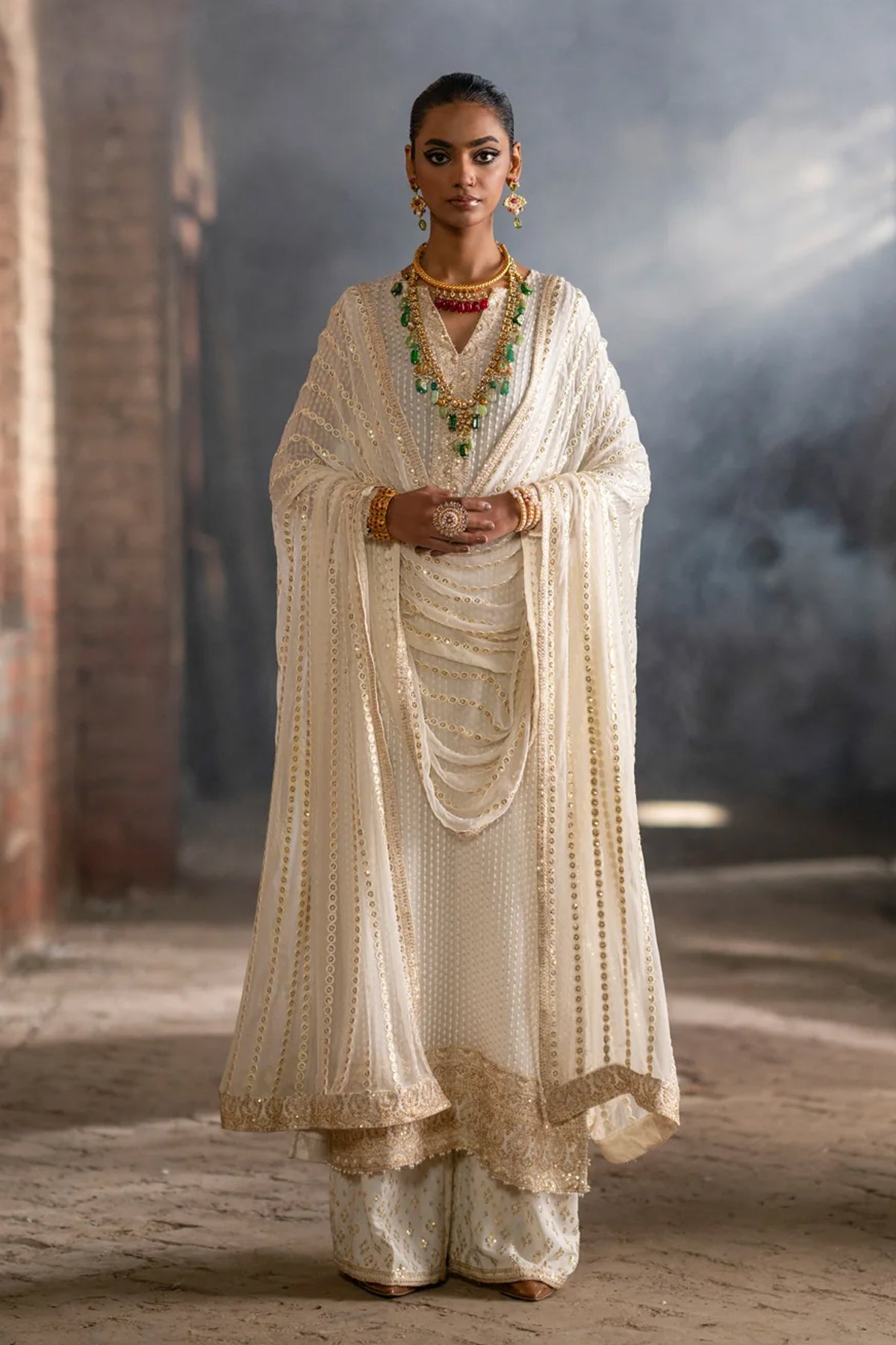 Ivory Mukesh Embroidered Crinkle Chiffon Salwar Kameez (3-Piece) - Image 1