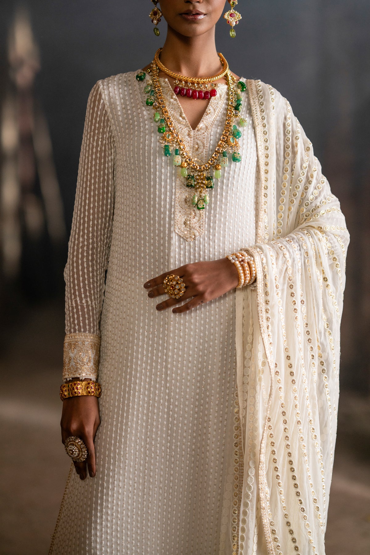 Ivory Mukesh Embroidered Crinkle Chiffon Salwar Kameez (3-Piece) - Image 10