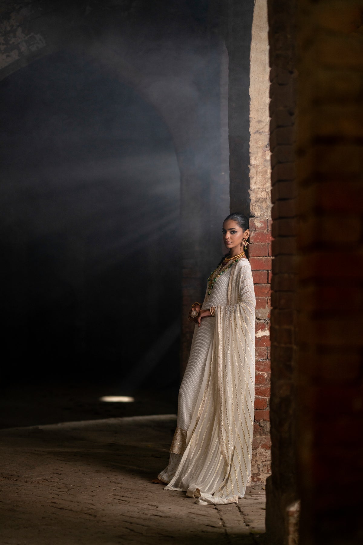 Ivory Mukesh Embroidered Crinkle Chiffon Salwar Kameez (3-Piece) - Image 11