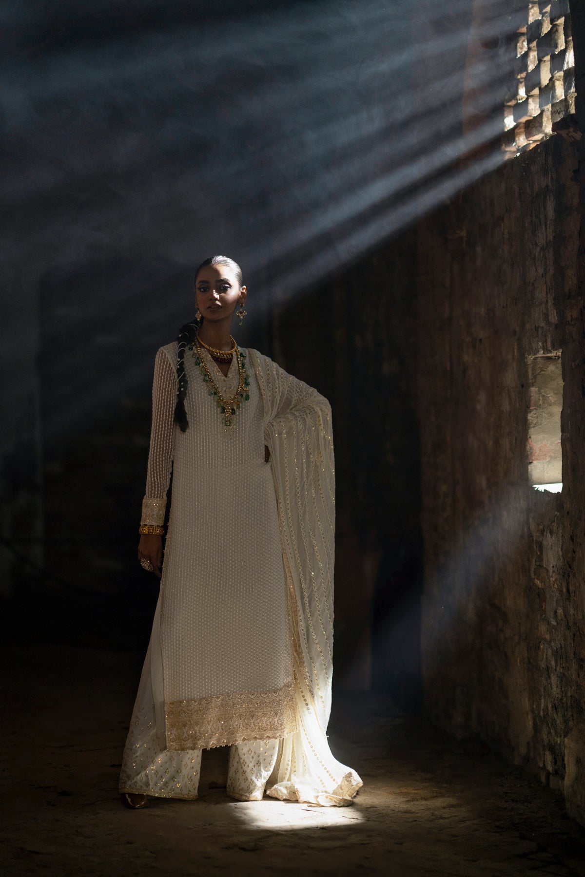 Ivory Mukesh Embroidered Crinkle Chiffon Salwar Kameez (3-Piece) - Image 12