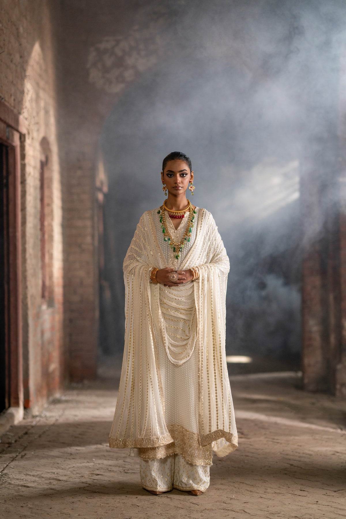 Ivory Mukesh Embroidered Crinkle Chiffon Salwar Kameez (3-Piece) - Image 14