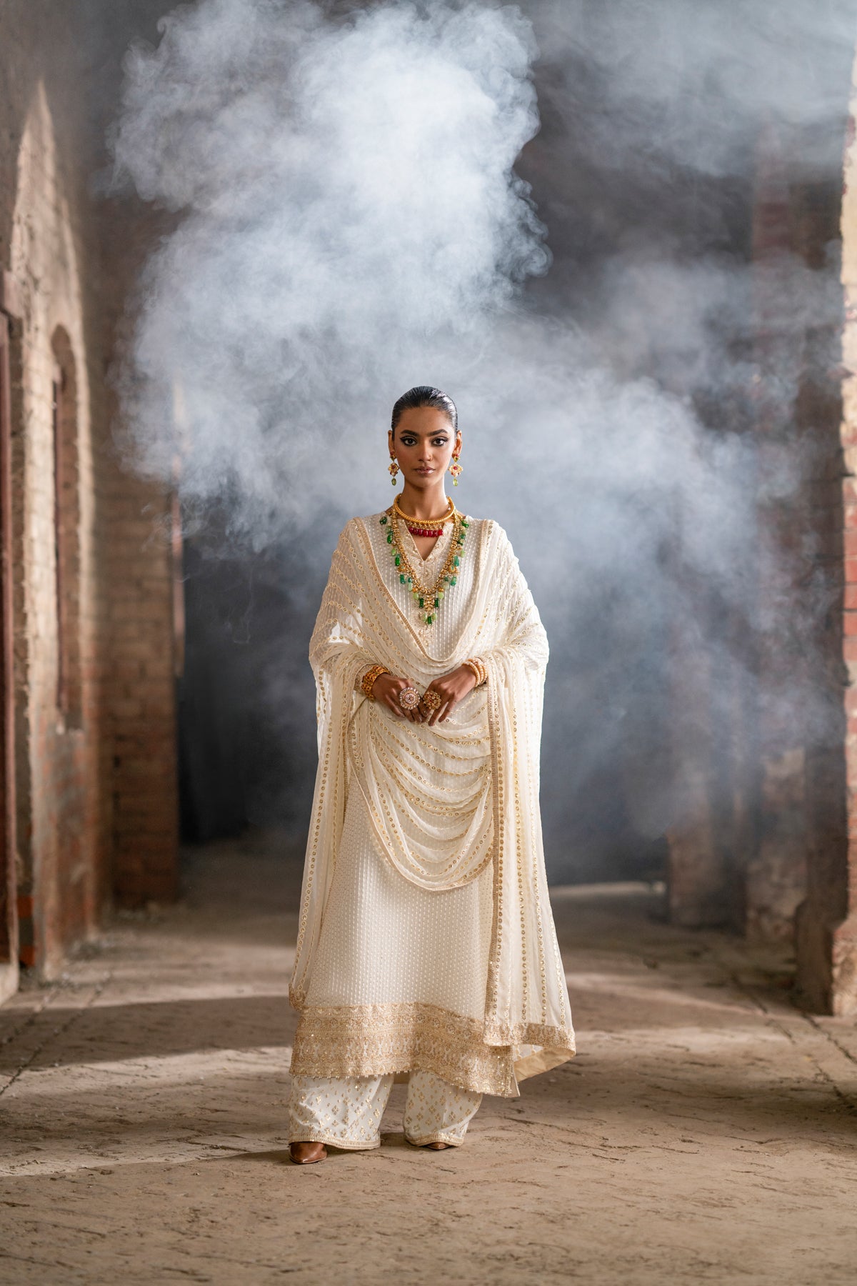 Ivory Mukesh Embroidered Crinkle Chiffon Salwar Kameez (3-Piece) - Image 3