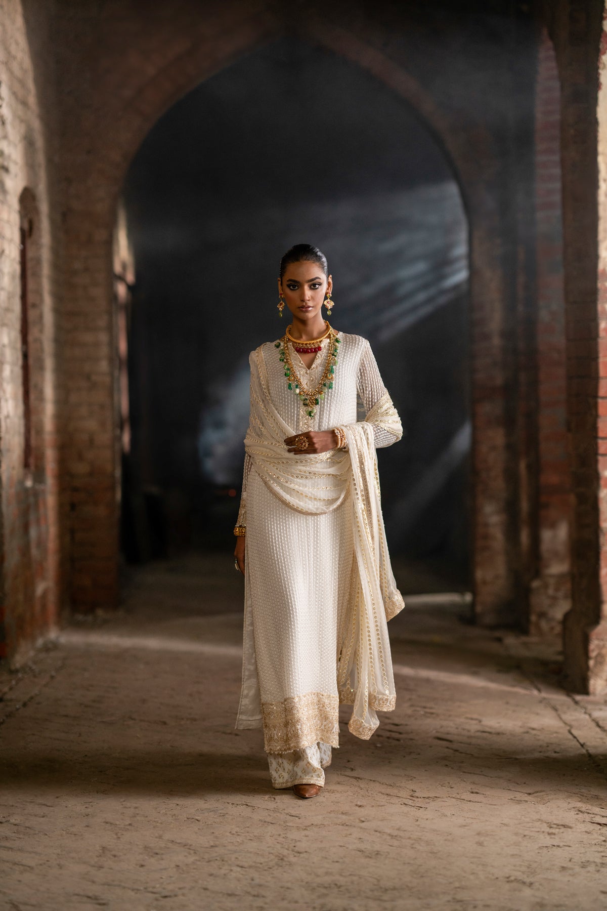 Ivory Mukesh Embroidered Crinkle Chiffon Salwar Kameez (3-Piece) - Image 6