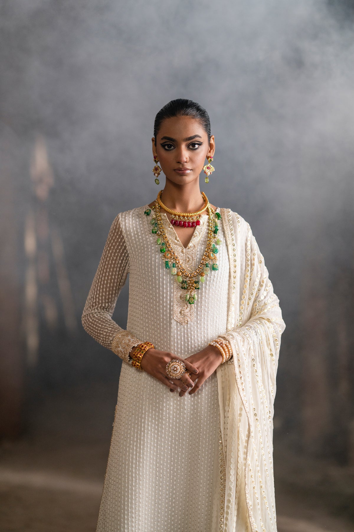 Ivory Mukesh Embroidered Crinkle Chiffon Salwar Kameez (3-Piece) - Image 9