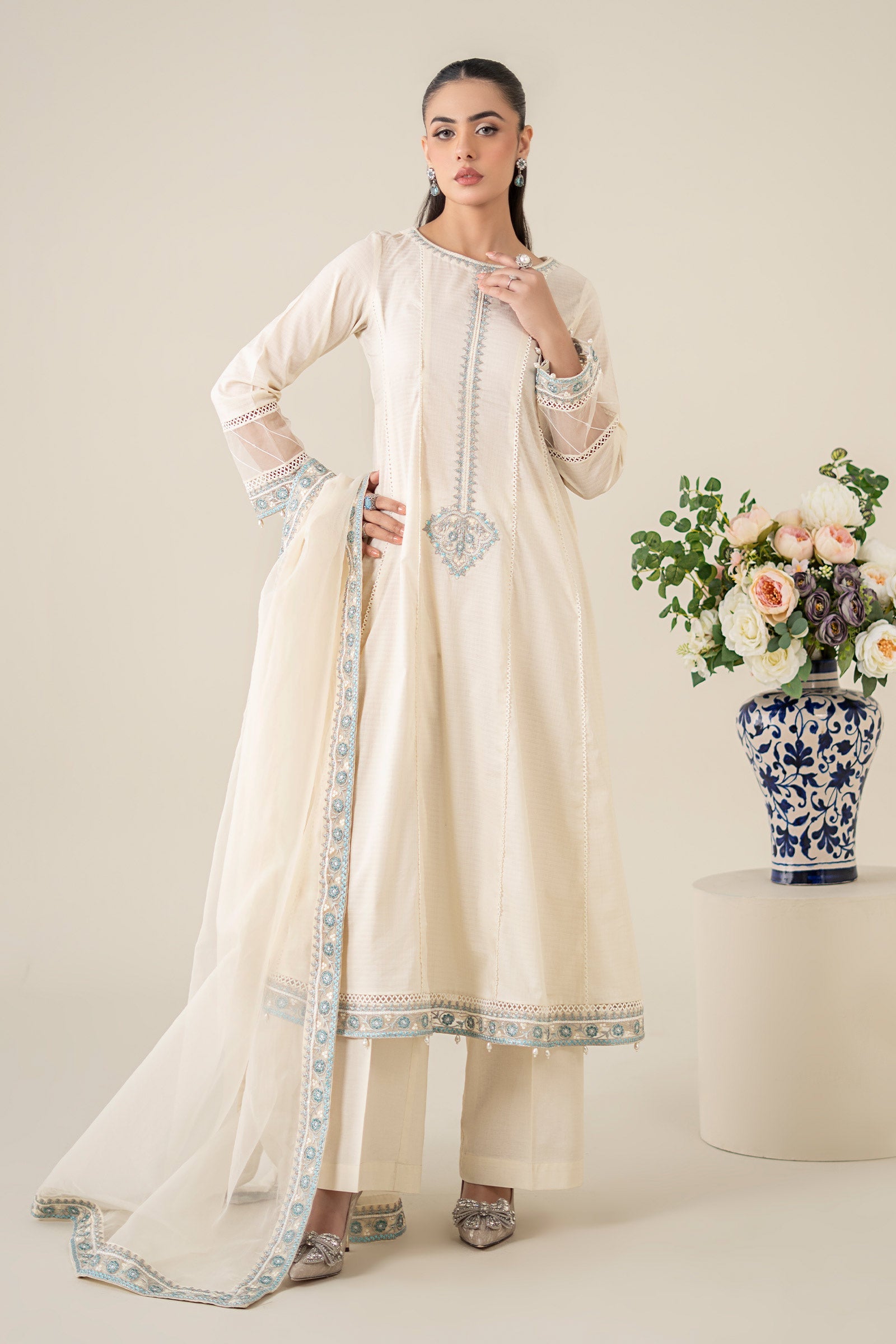 Off-White Embroidered Dobby Salwar Kameez (3-Piece) - Image 1
