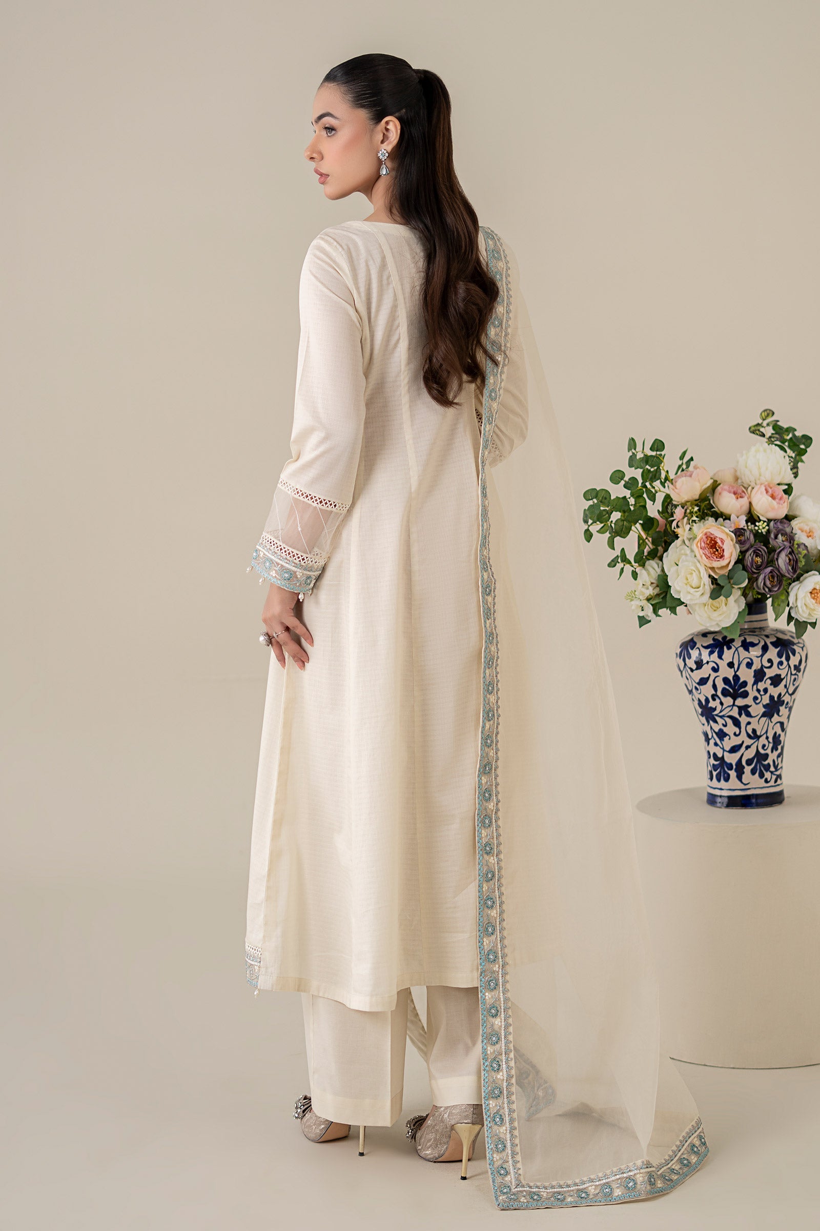 Off-White Embroidered Dobby Salwar Kameez (3-Piece) - Image 7