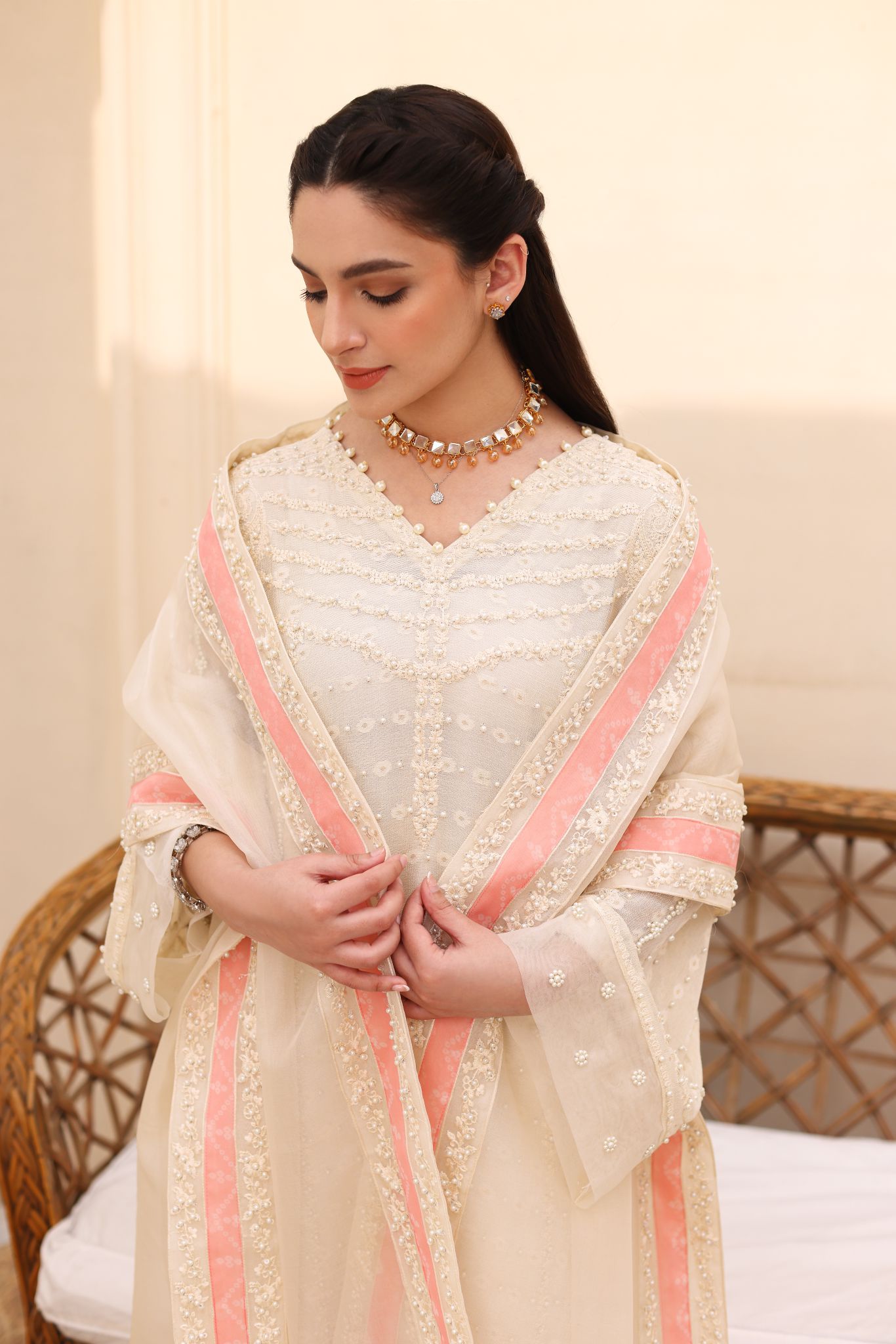 Ivory Embroidered Pure Net Salwar Kameez (3-Piece) - Image 1