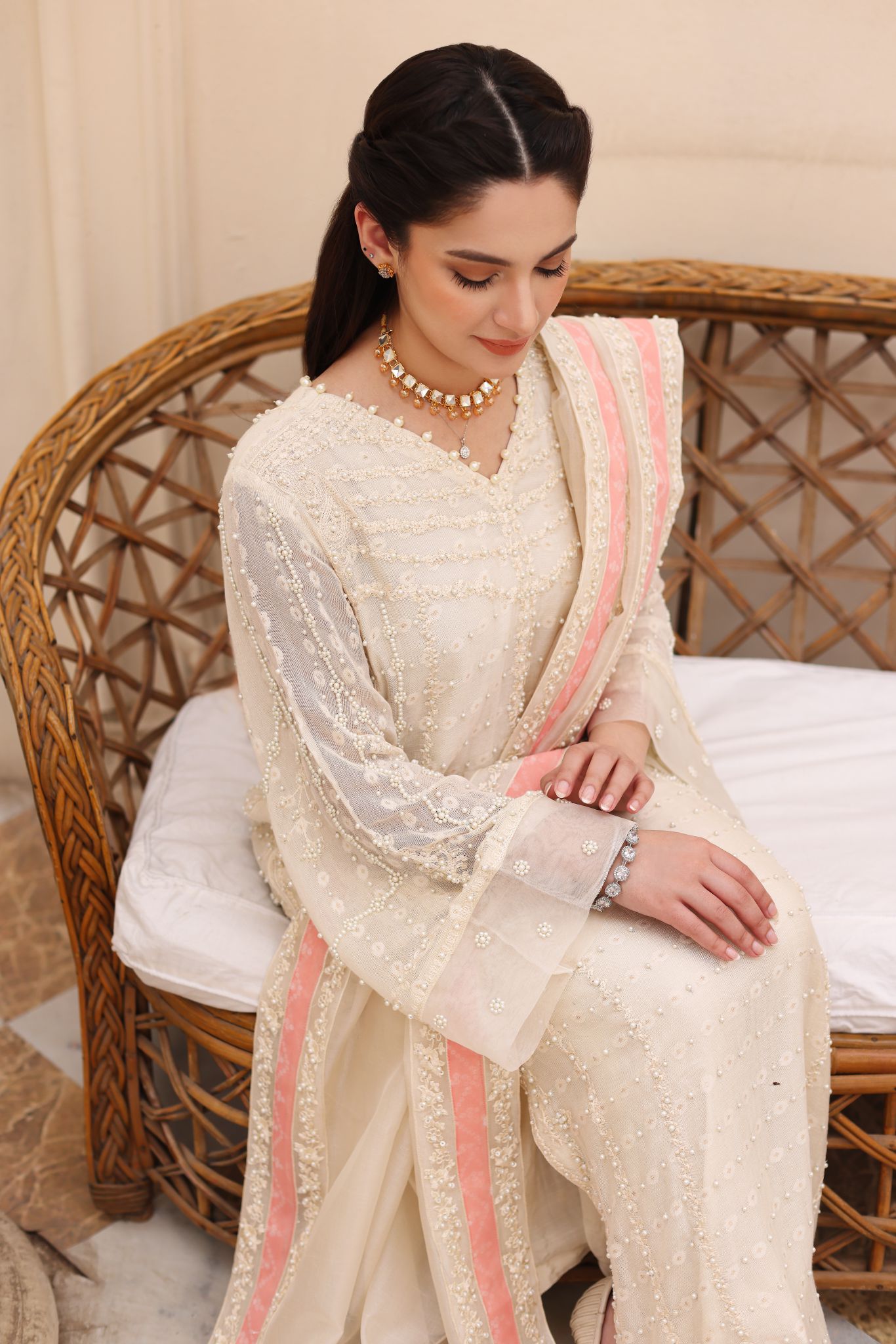 Ivory Embroidered Pure Net Salwar Kameez (3-Piece) - Image 3