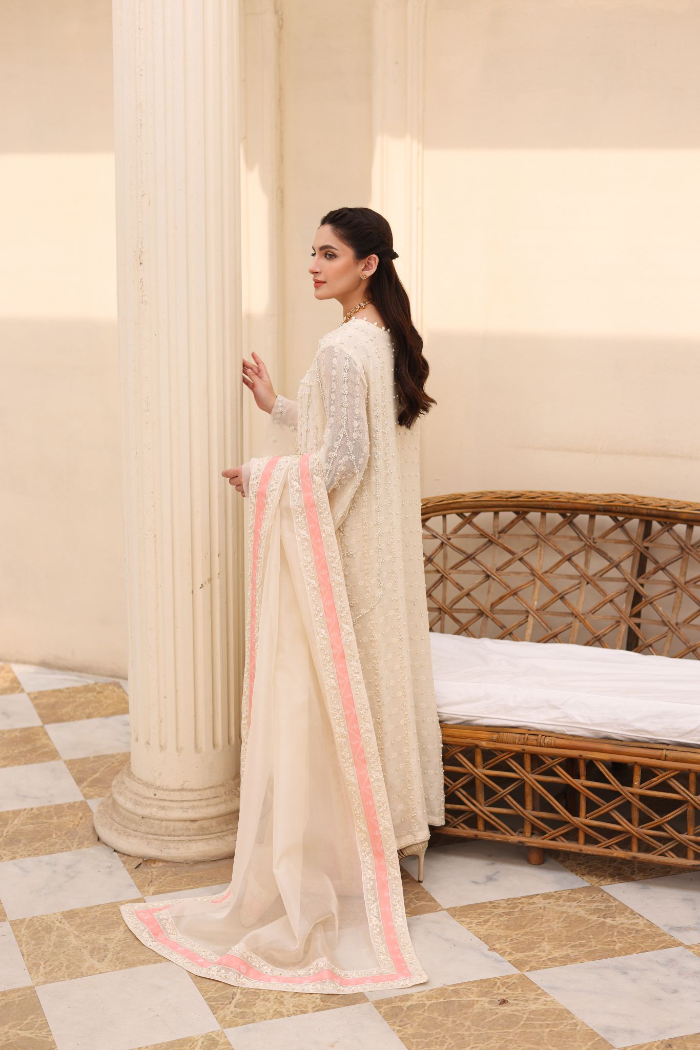 Ivory Embroidered Pure Net Salwar Kameez (3-Piece) - Image 4