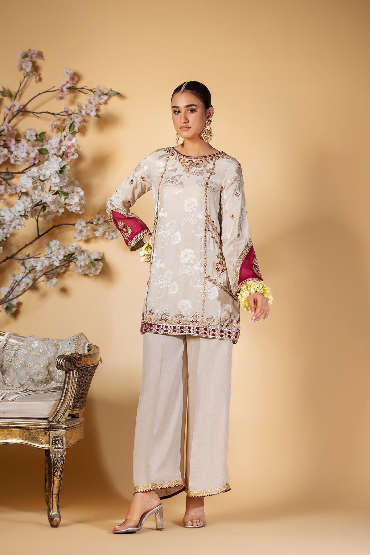 Pakistani Ivory Gota & Resham Embroidered Silk Kurta Set (2-Piece) - Image 1