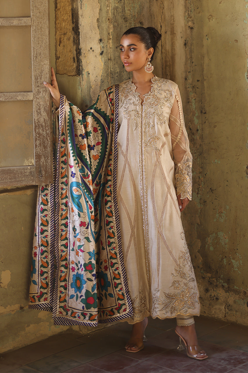 Pakistani Ivory Zardozi & Pearl Embossed Silk Salwar Kameez (3-Piece) - Image 1