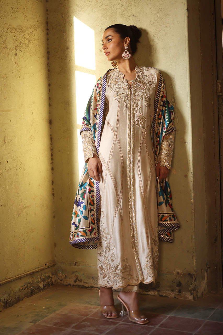 Pakistani Ivory Zardozi & Pearl Embossed Silk Salwar Kameez (3-Piece) - Image 2