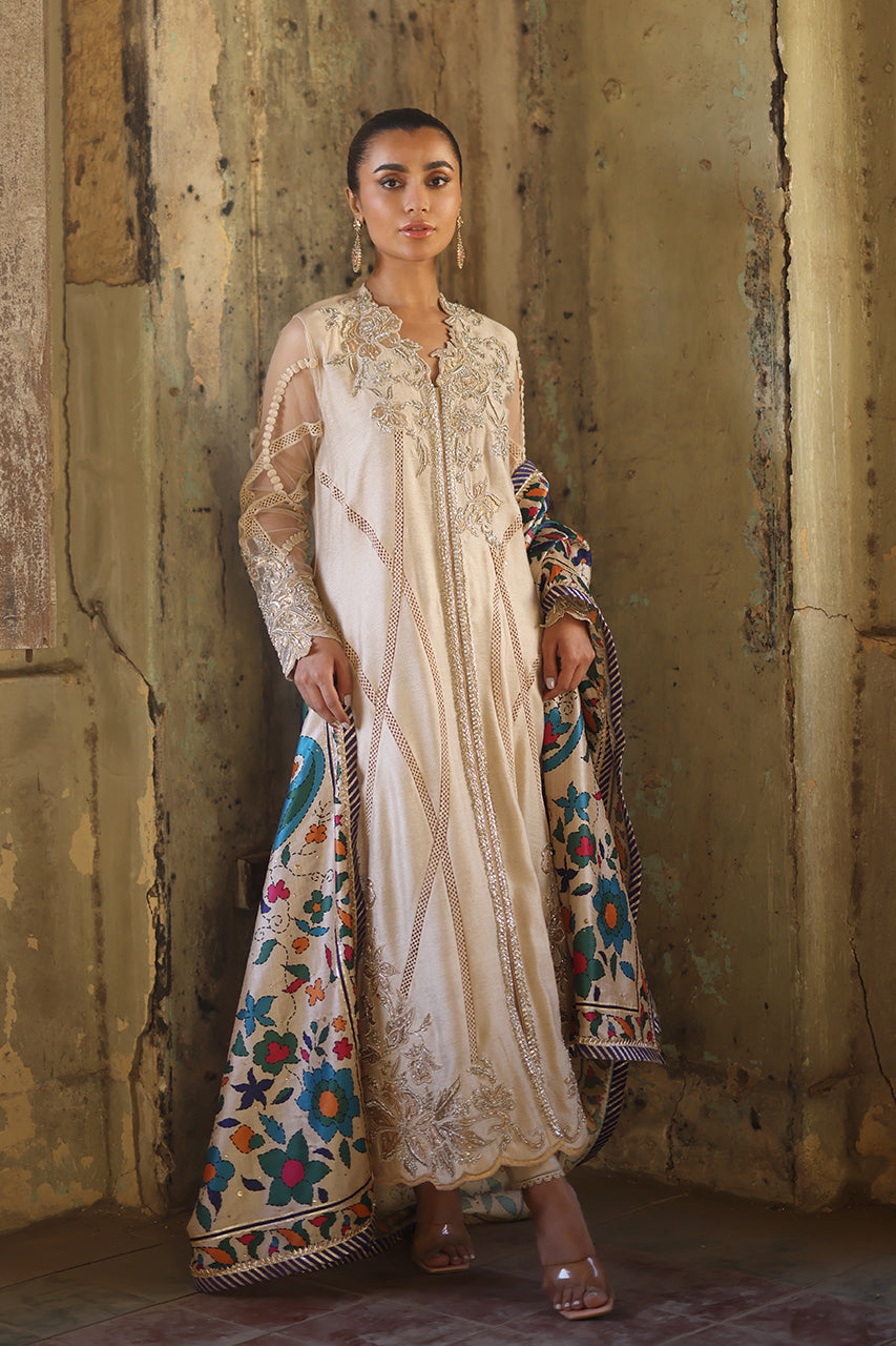 Pakistani Ivory Zardozi & Pearl Embossed Silk Salwar Kameez (3-Piece) - Image 3